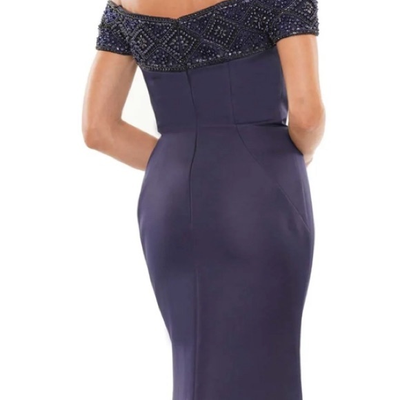 MARSONI NAVY OFF SHOULDERS ELEGANT SATIN GOWN size 10 MV1184 Fit & Flare gown. - Picture 2 of 7